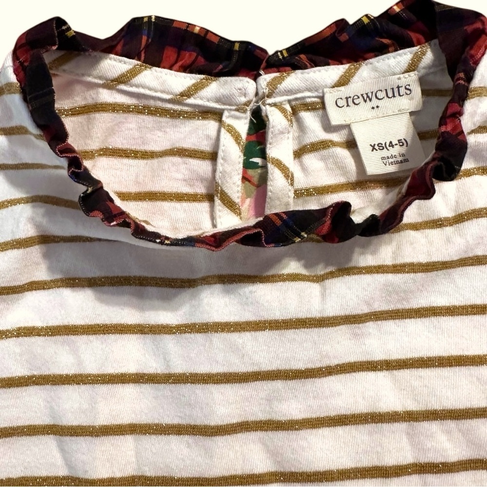 Crewcuts Girls Gold Striped Long Sleeve Top with Plaid Ruffle Neck XS (4-5) - Picture 6 of 6